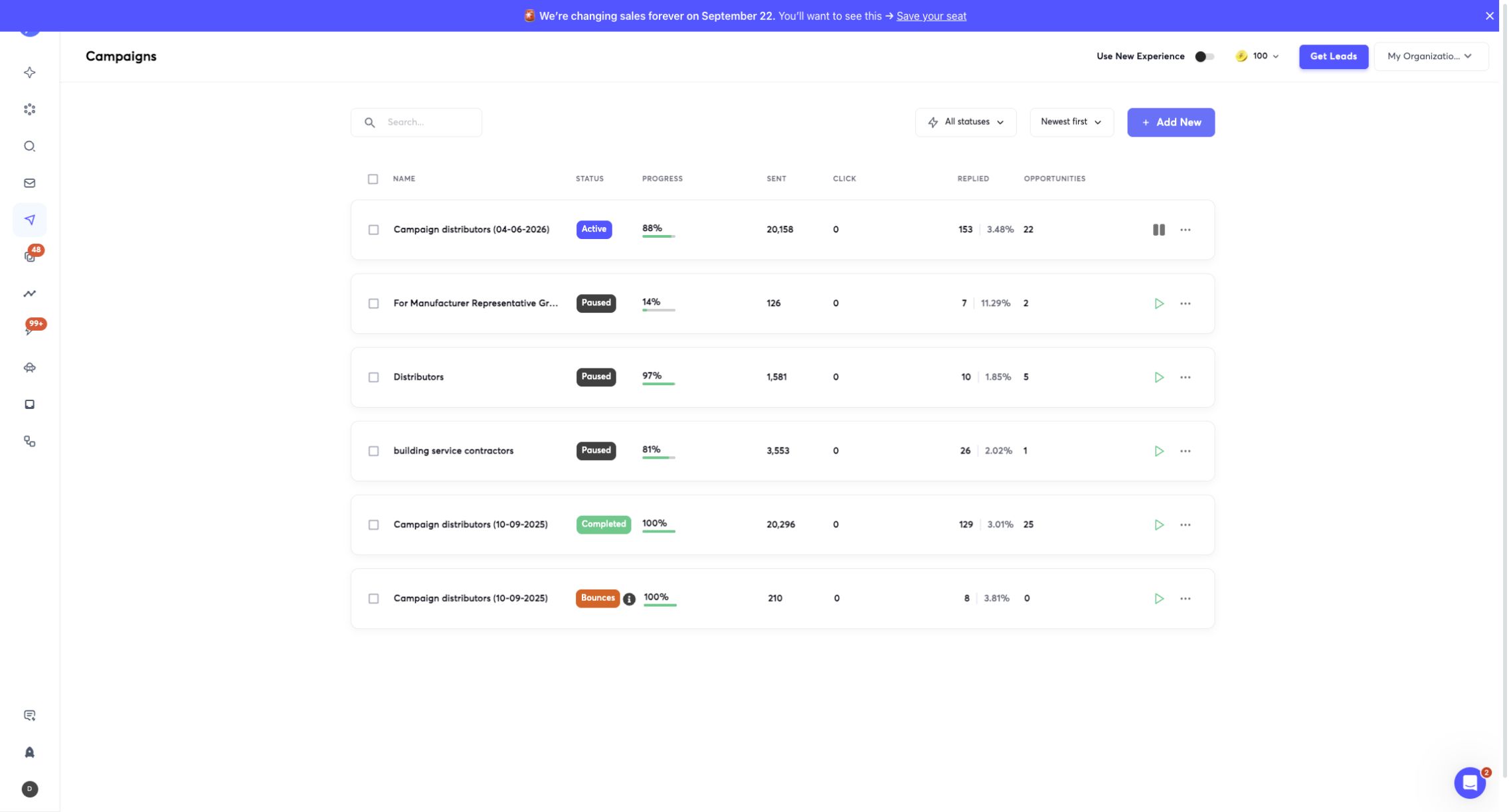Original Instantly campaign overview screenshot showing the Prolux campaign records used for the audit, including a separate bounces record that was excluded from opportunity totals.